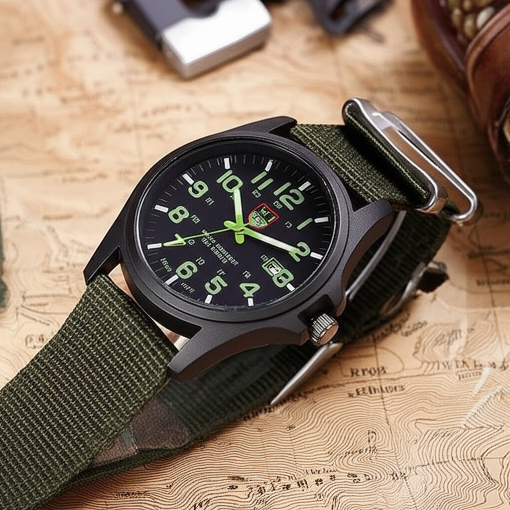 Men's rugged outdoor timepiece, water-resistant with a durable black silicone band, perfect for active men.