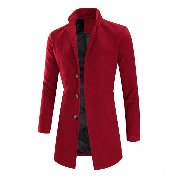 Elegant men's stand collar overcoat, perfect for sleek winter and fall fashion. Slim fit long coat for sophisticated style.