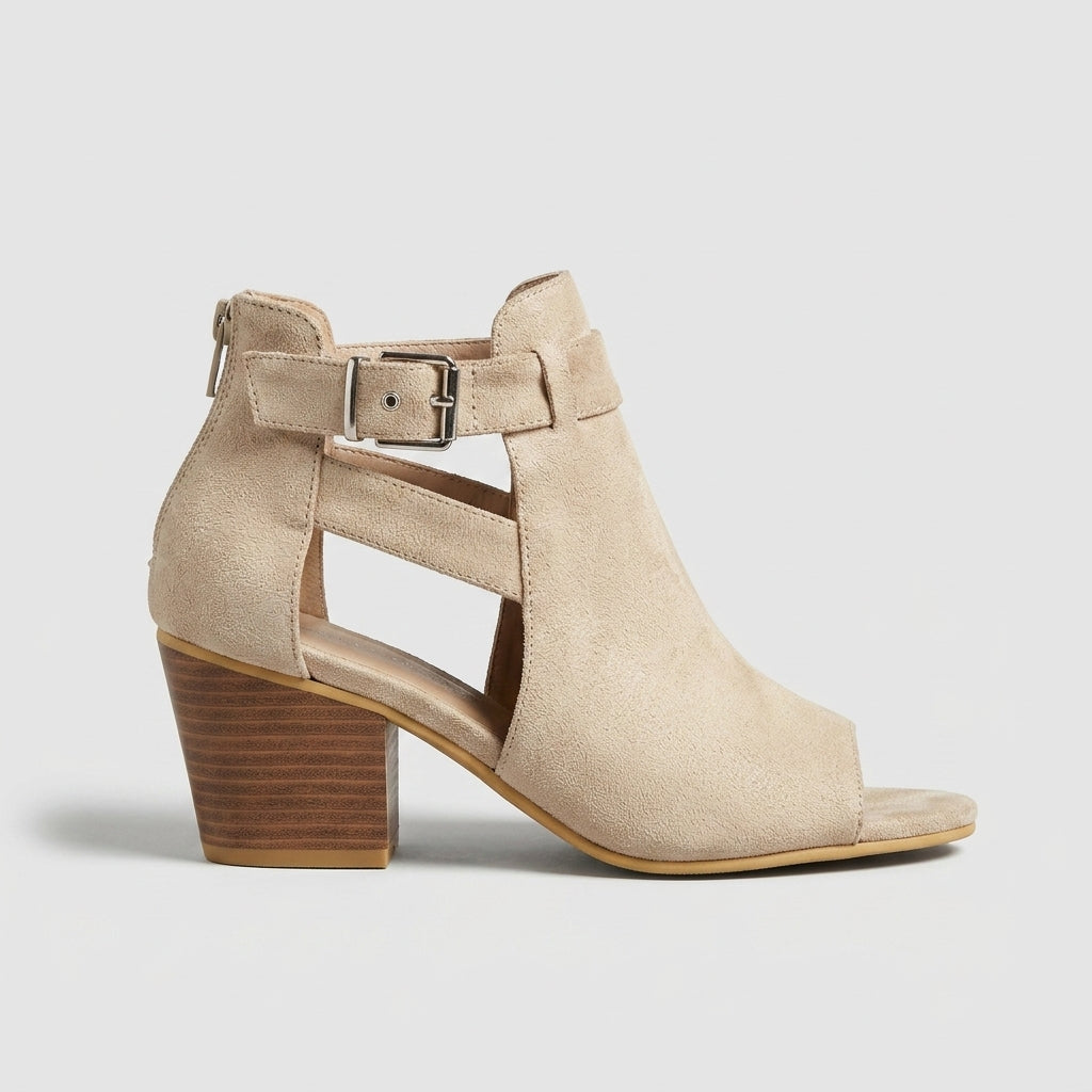 Elegant women's peep toe sandals featuring a sturdy block heel & chic ankle buckle strap for a secure fit.