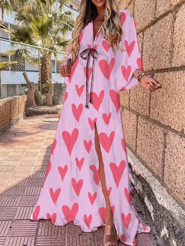 Flowing abstract print V-neck maxi dress for women. Stylish and comfortable for spring, summer, or elegant occasions.