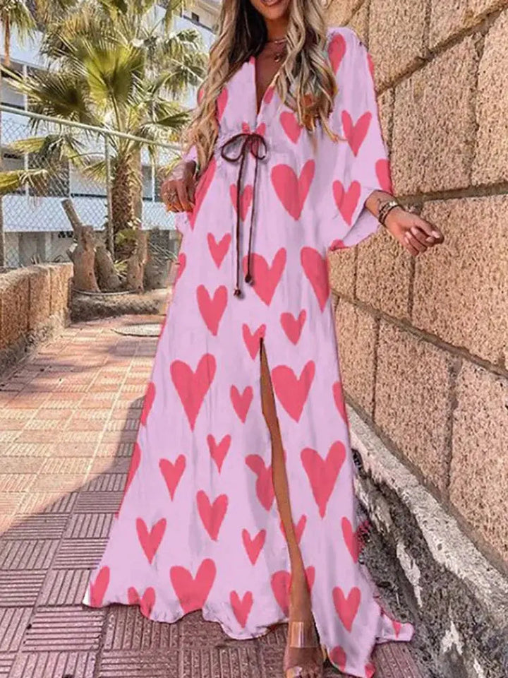 Flowing abstract print V-neck maxi dress for women. Stylish and comfortable for spring, summer, or elegant occasions.