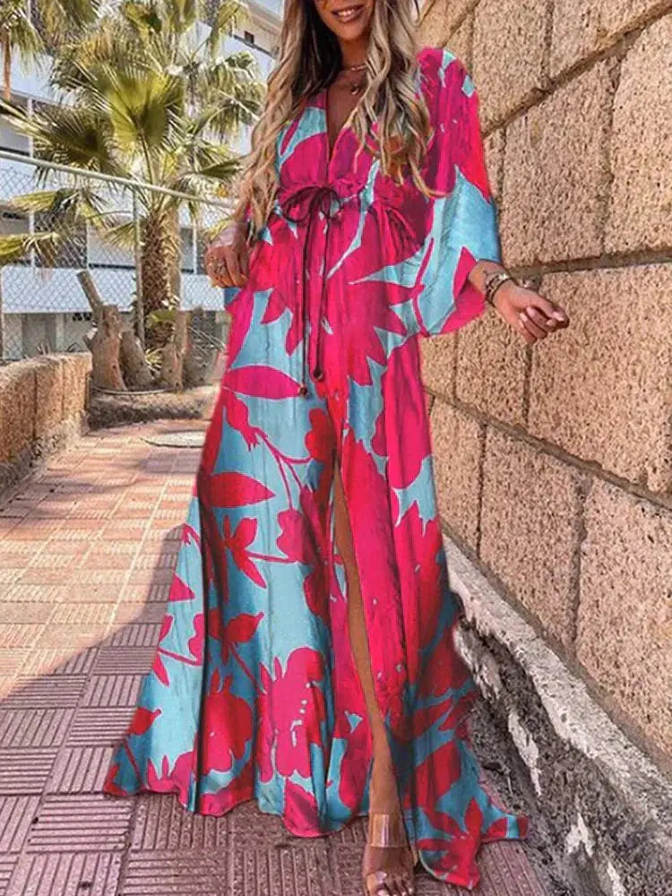 Bohemian women's maxi dress with abstract print, deep V-neck, kimono sleeves, and tie waist. Perfect summer beach dress.