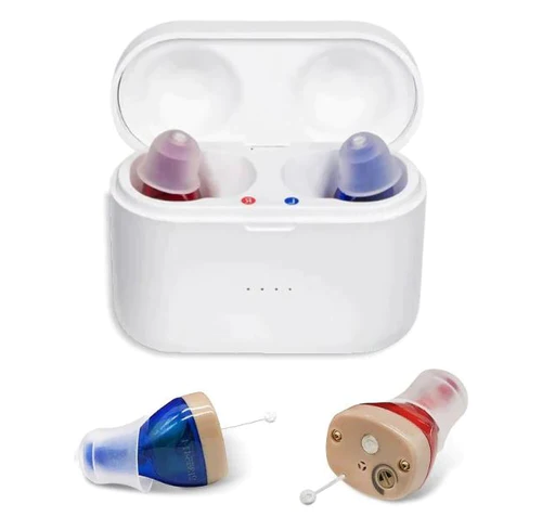 Pair of discreet, invisible rechargeable digital hearing aids for comfortable behind-ear use, enhancing sound clarity.