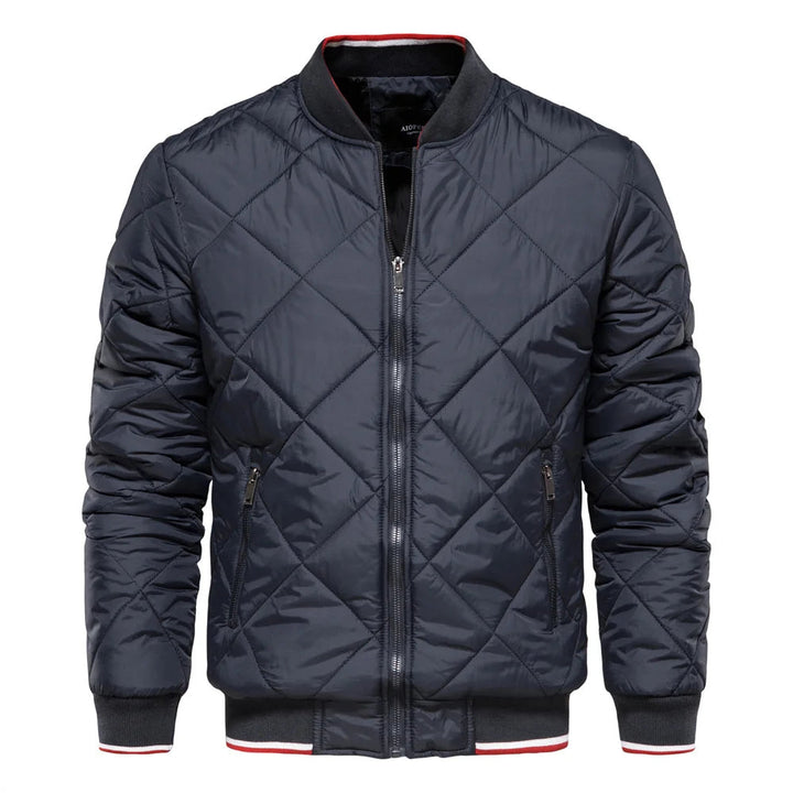 Men's classic diamond quilted bomber jacket, black, with zip closure. Ideal fall/winter outerwear for stylish men.