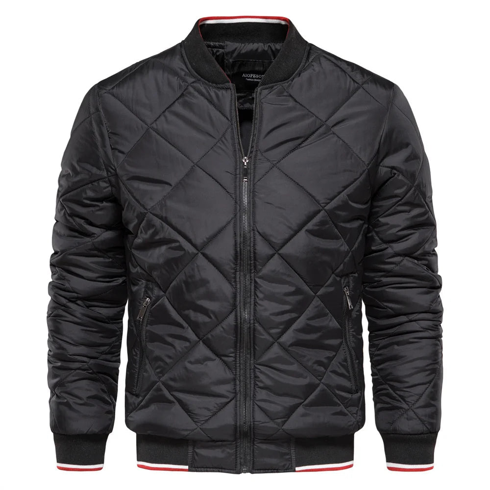 Stylish men's quilted bomber jacket with unique diamond pattern, perfect for casual everyday wear & comfort.