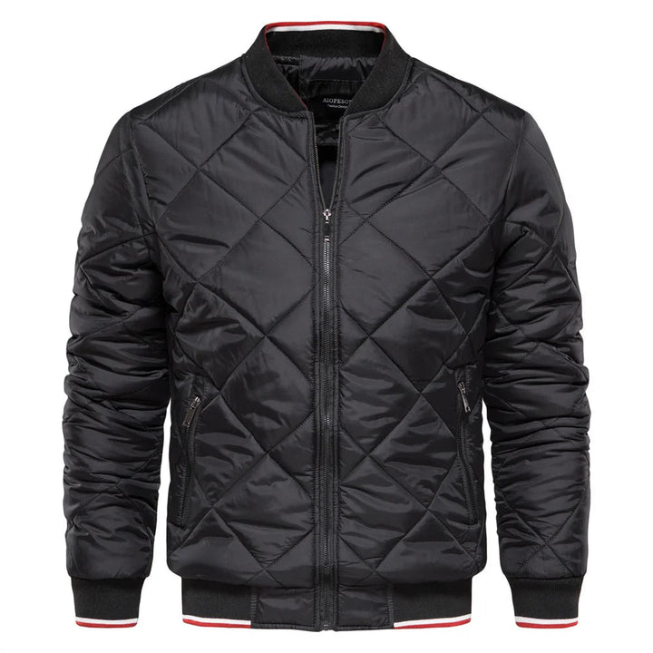 Stylish men's quilted bomber jacket with unique diamond pattern, perfect for casual everyday wear & comfort.