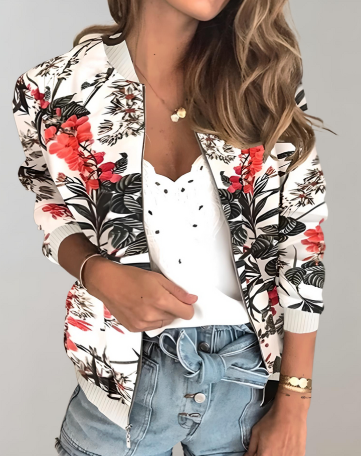 Stylish women's floral bomber jacket. Lightweight, vibrant print outerwear, perfect for spring fashion and casual wear.