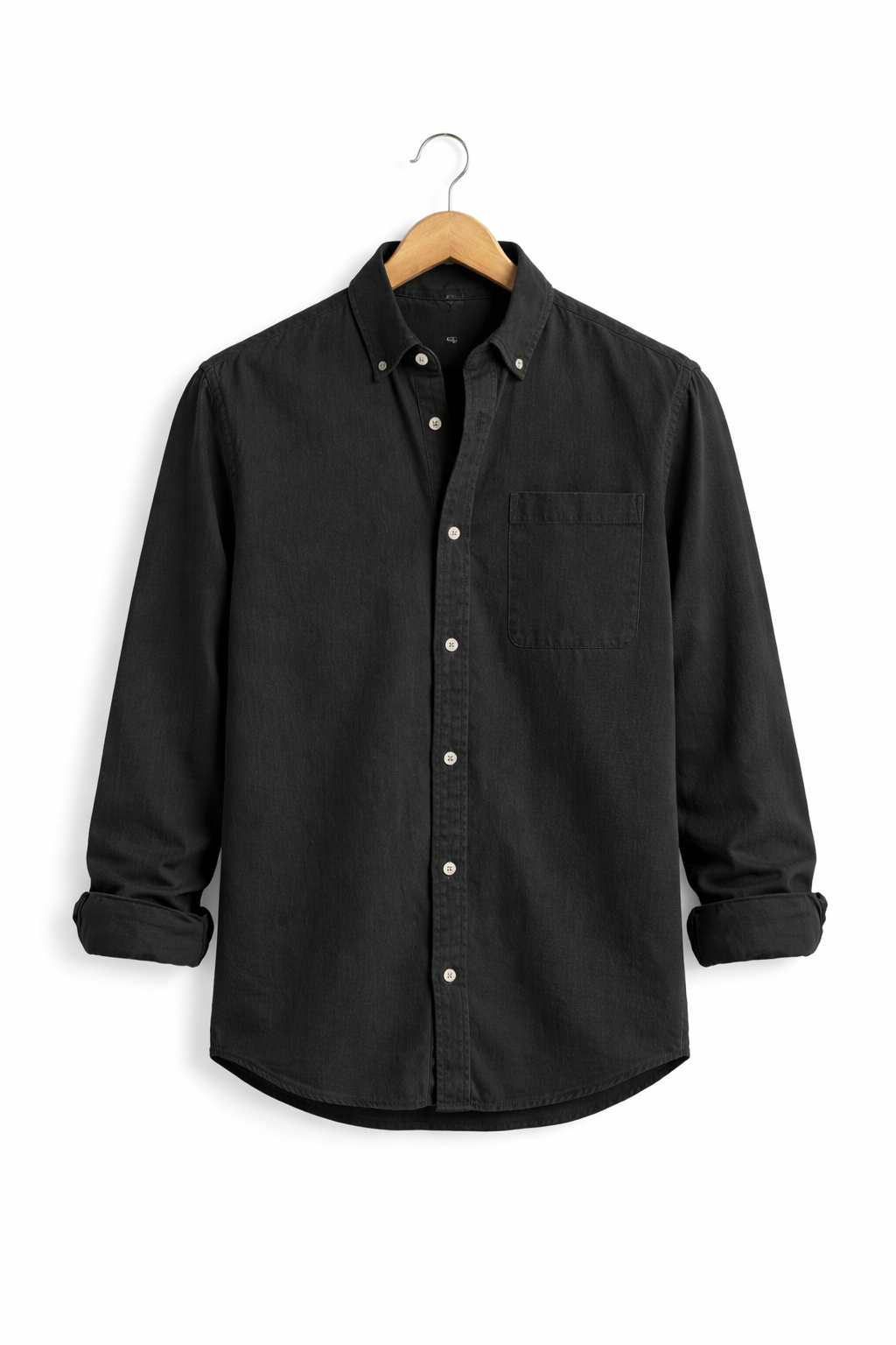 Stylish men's relaxed fit chambray shirt. Long sleeve button-up for versatile casual and smart casual looks.