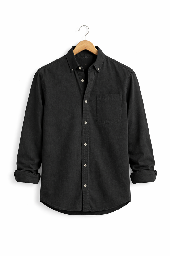 Stylish men's relaxed fit chambray shirt. Long sleeve button-up for versatile casual and smart casual looks.