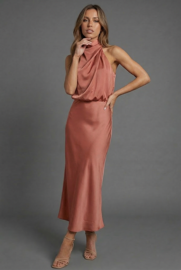 Women's elegant halter neck midi dress, suitable for summer events & parties.