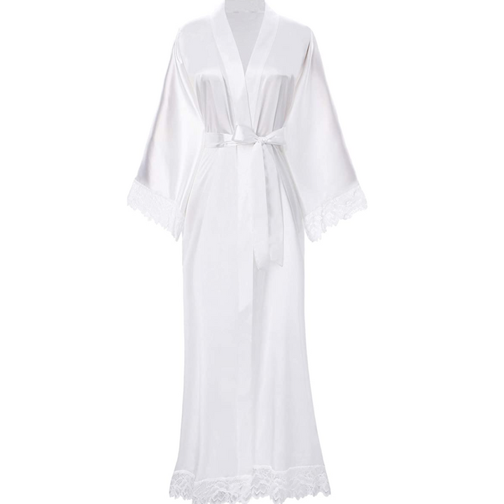 Silky women's satin robe with elegant lace detailing. Luxurious soft sleepwear & comfortable nightwear for relaxation.