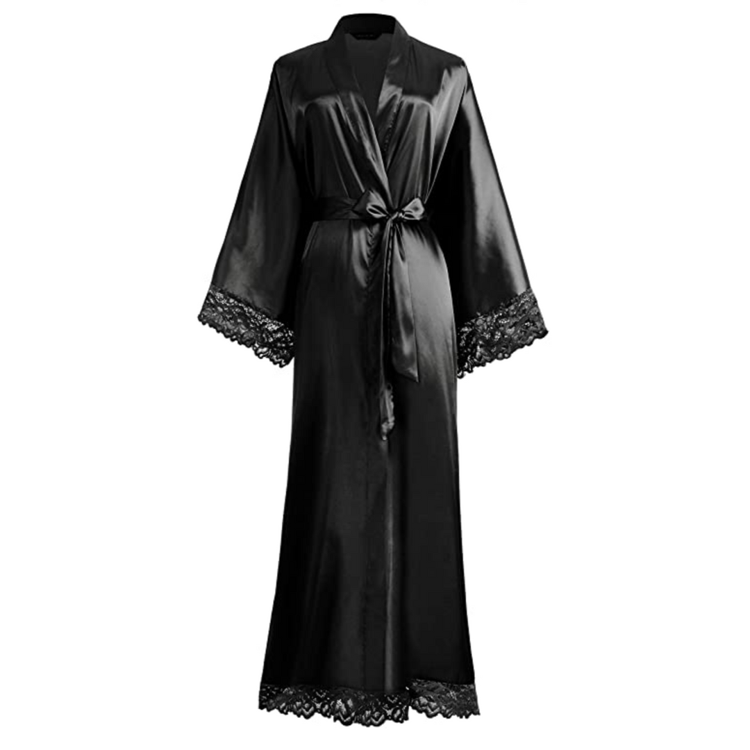 Women's long satin bathrobe with elegant lace trim. Luxurious, soft loungewear for ultimate comfort & relaxation.