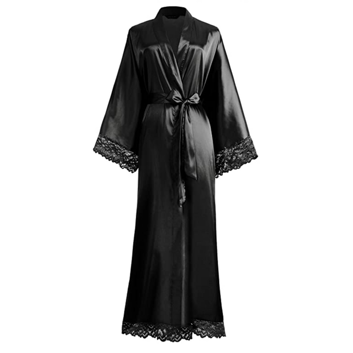 Women's long satin bathrobe with elegant lace trim. Luxurious, soft loungewear for ultimate comfort & relaxation.