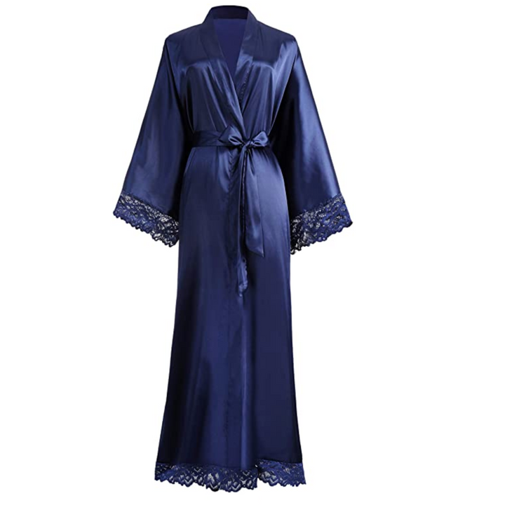 Smooth satin women's robe with delicate lace details on sleeves & hem. Elegant nightwear & comfortable sleepwear.