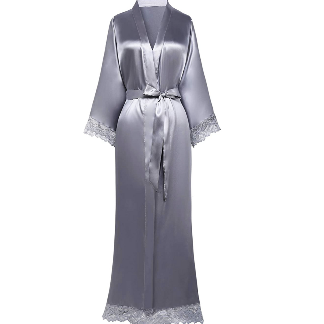 Elegant women's long satin sleepwear robe with intricate lace trim. Luxurious comfort perfect for evening loungewear.