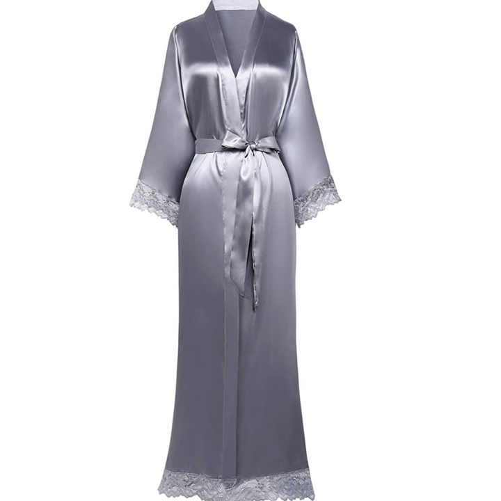 Elegant women's long satin sleepwear robe with intricate lace trim. Luxurious comfort perfect for evening loungewear.