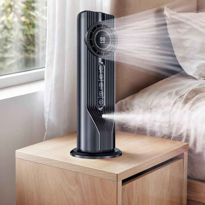 Portable USB fan and air cooler with humidifier function, perfect for personal comfort.