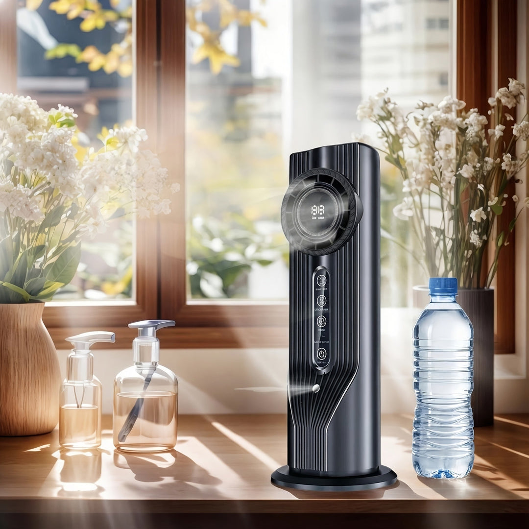 Quiet personal air cooler, a multi-functional USB fan and humidifier for ultimate comfort.