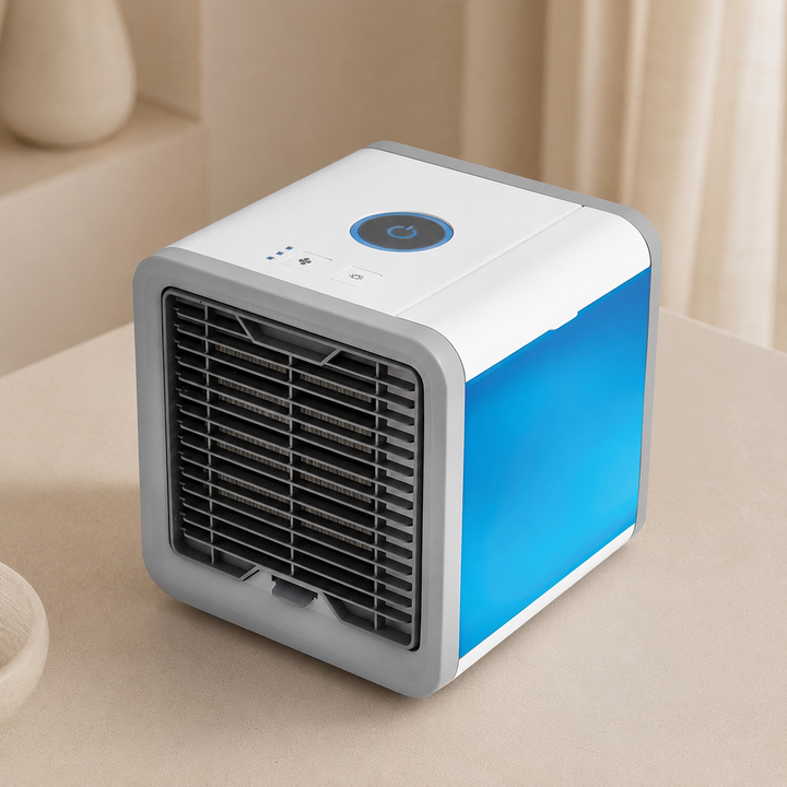 Personal USB powered portable air cooler on a desk, ideal for office or bedroom comfort.