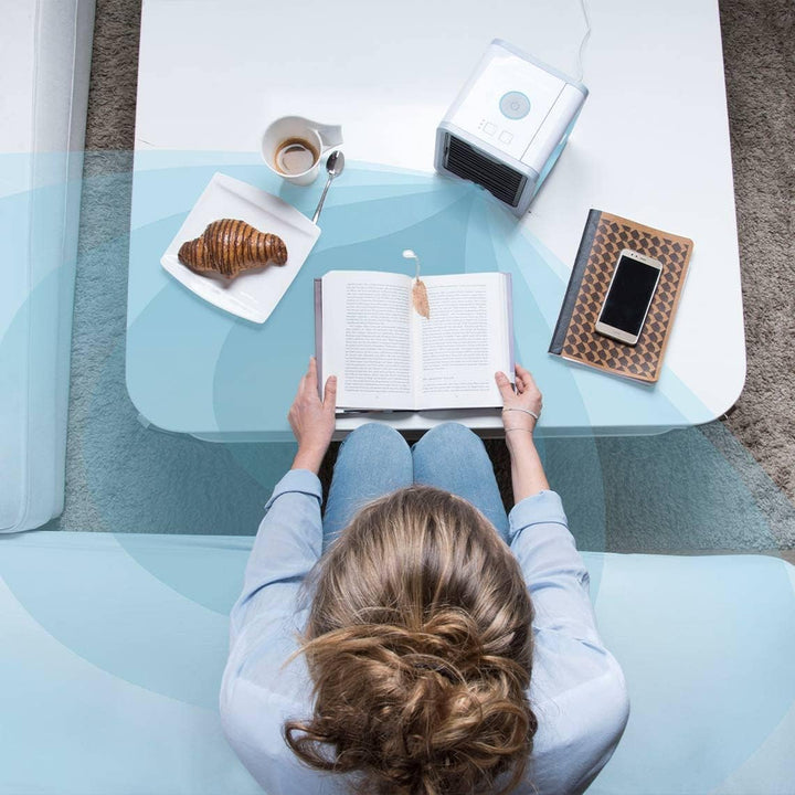 Mini AC unit: portable USB powered personal air cooler for desktop & travel, with quiet operation.