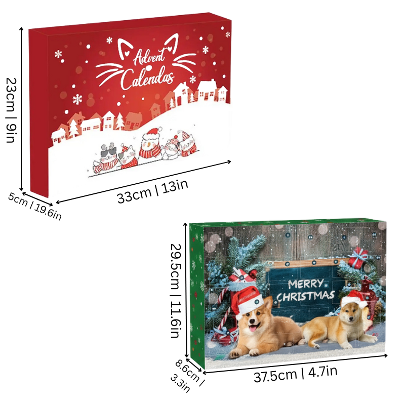 Open window of a Pet Advent Calendar revealing dog & cat treats, toys. Daily surprises for festive pets.