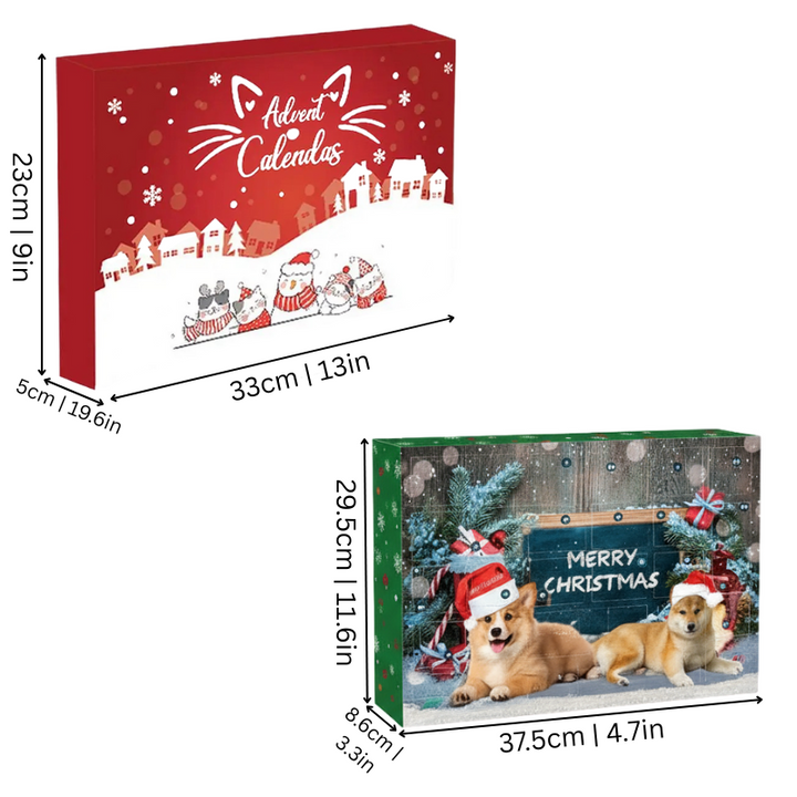 Open window of a Pet Advent Calendar revealing dog & cat treats, toys. Daily surprises for festive pets.
