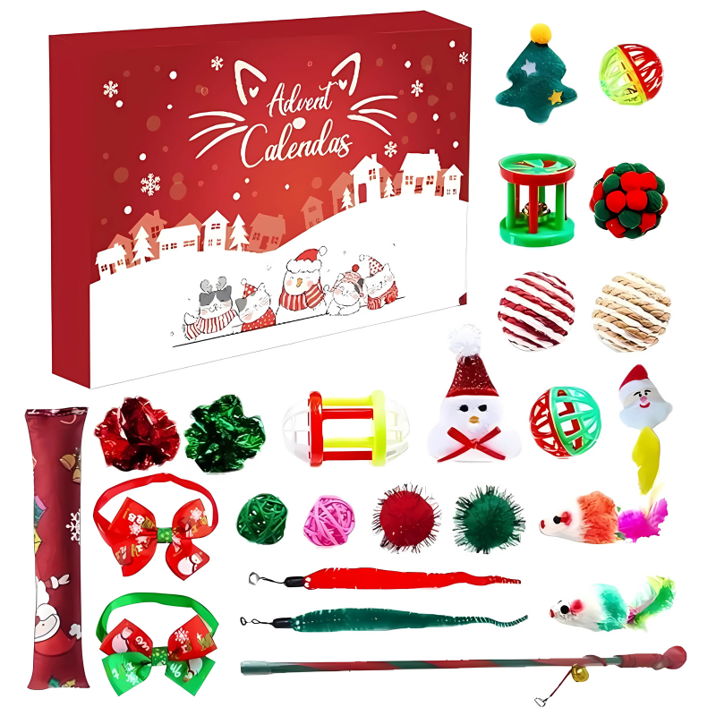 Festive Pet Advent Calendar with a Christmas design, 24 windows of joy for cats & dogs. Holiday gift for pets.