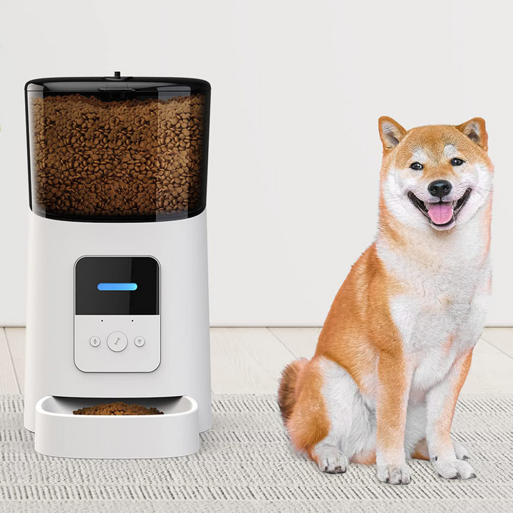 Smart automatic pet feeder, front view, showing consistent pet nutrition with meal scheduling.
