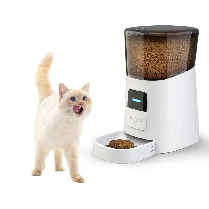 Smart automatic pet feeder, front view, showing consistent pet nutrition with meal scheduling.