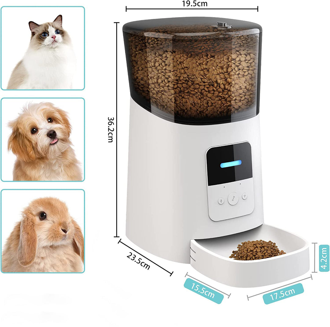 Smart automatic pet feeder, front view, showing consistent pet nutrition with meal scheduling.