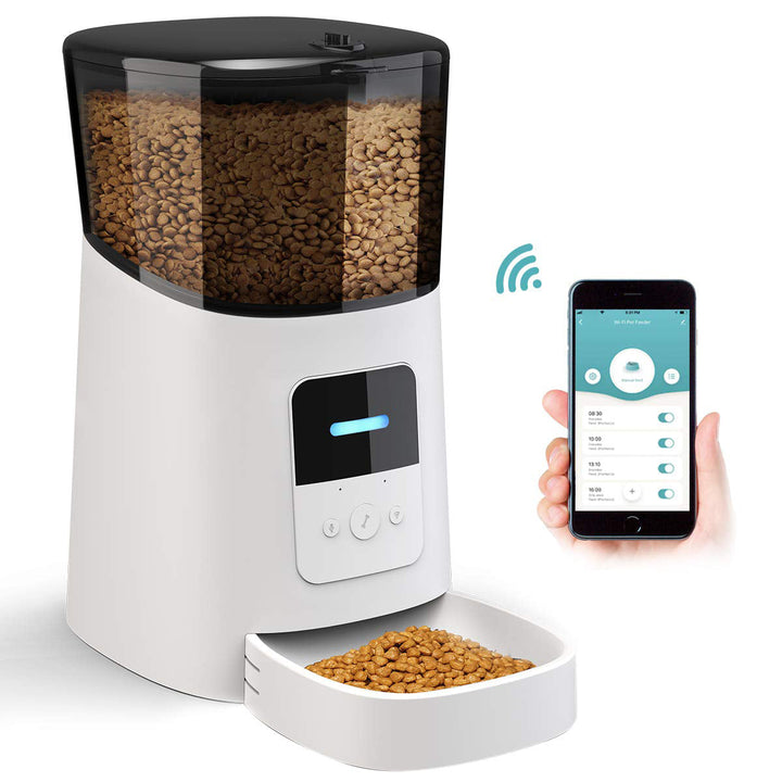 Smart automatic pet feeder, front view, showing consistent pet nutrition with meal scheduling.