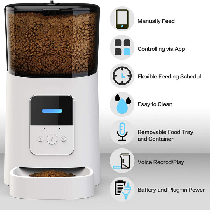 Smart automatic pet feeder, front view, showing consistent pet nutrition with meal scheduling.