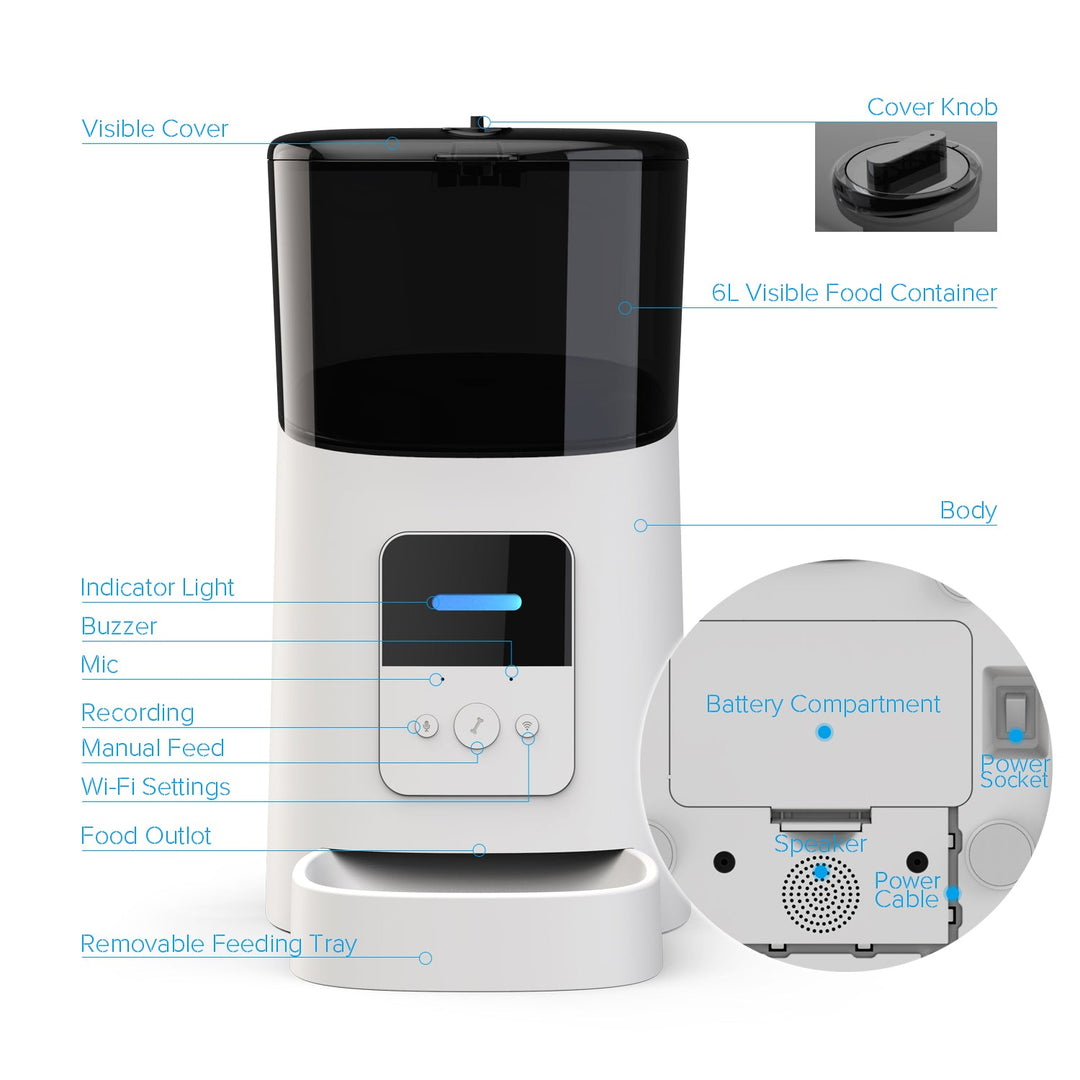 Smart automatic pet feeder, front view, showing consistent pet nutrition with meal scheduling.