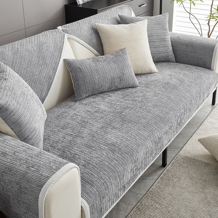 Pet-friendly striped chenille sofa cover anti-scratch design in soft fabric, adds chic style and protects furniture from dama