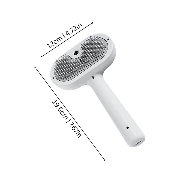 Effective pet grooming brush with spray for cats & dogs. Massages skin, reduces shedding & tangles for healthy pet care.