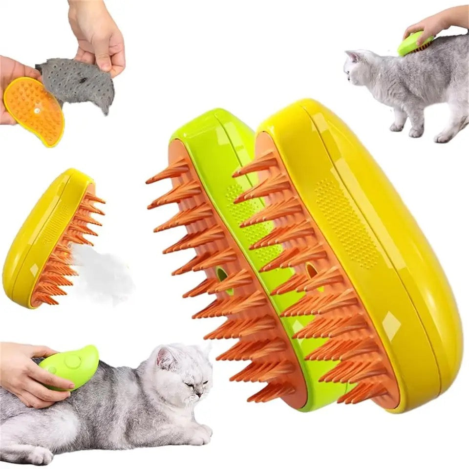 Pet steam grooming brush for dogs & cats. Desheds, cleans fur, and leaves a shiny, healthy coat. Rechargeable.