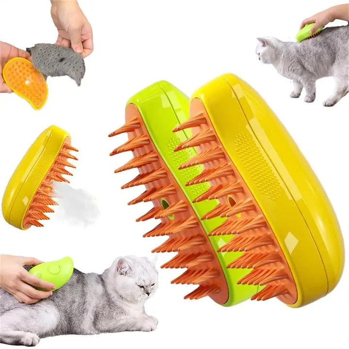 Pet steam grooming brush for dogs & cats. Desheds, cleans fur, and leaves a shiny, healthy coat. Rechargeable.