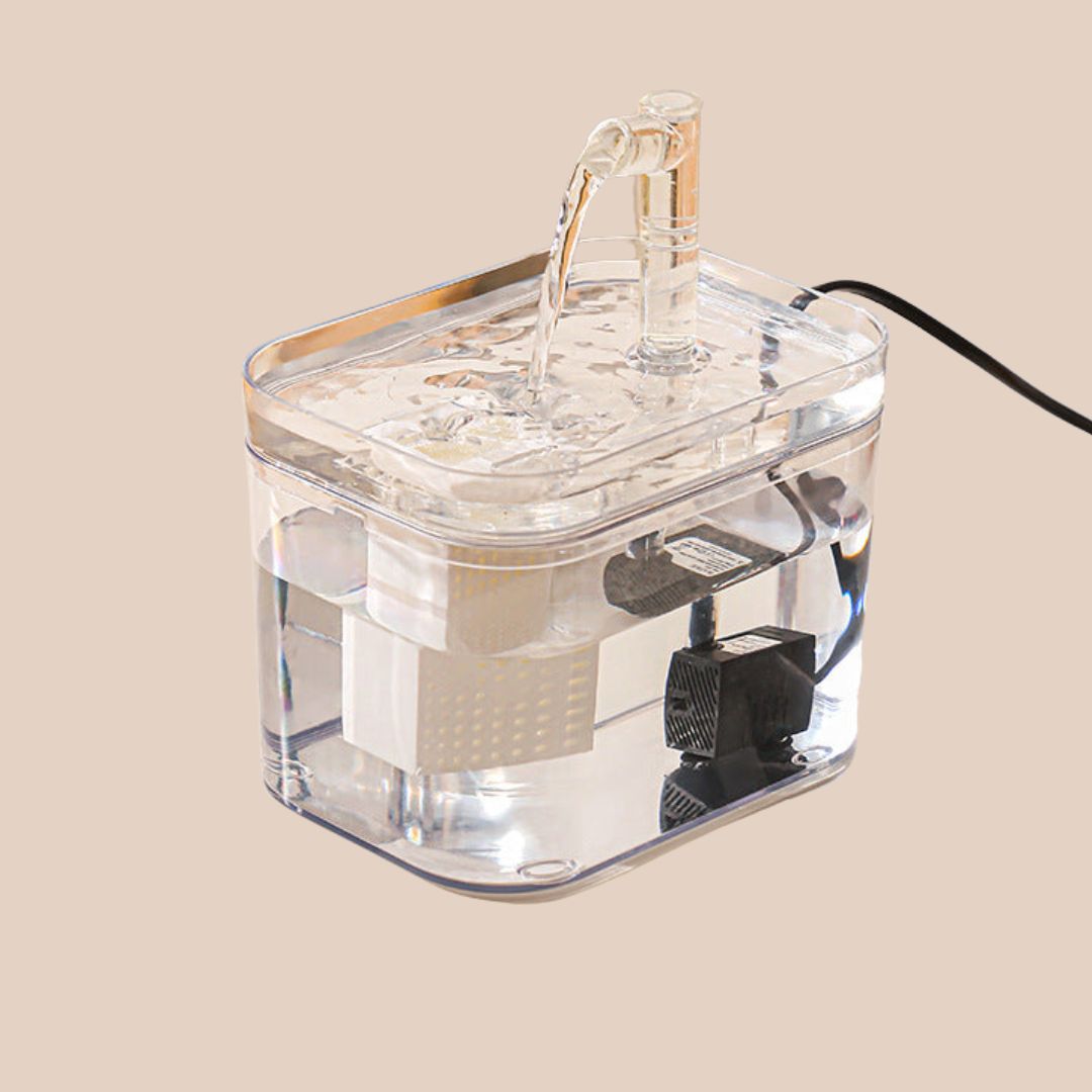 Clean pet water fountain with quiet pump & advanced filtration system, providing fresh water for cats & dogs.
