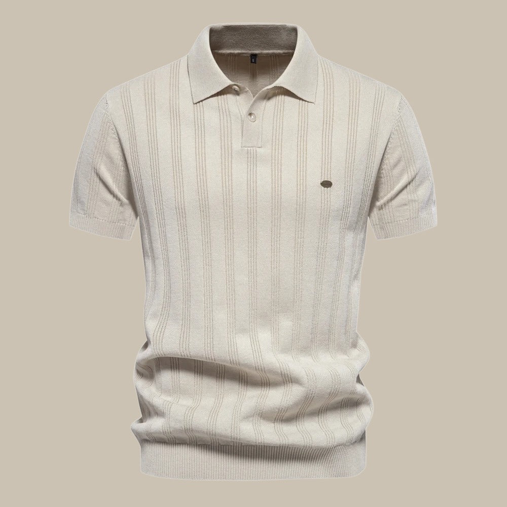 Men's short sleeve knit polo shirt in classic beige, perfect for smart-casual style & breathable comfort.