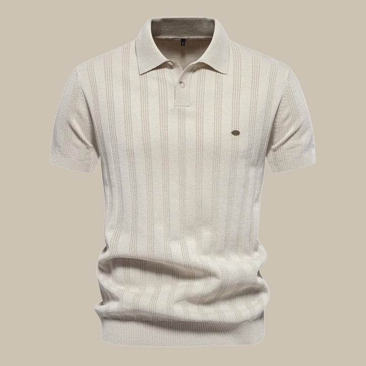Men's short sleeve knit polo shirt in classic beige, perfect for smart-casual style & breathable comfort.