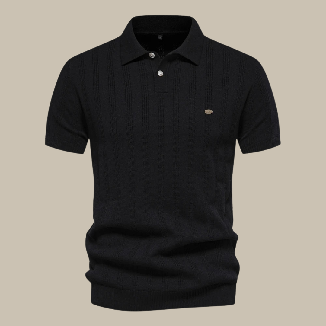 Stylish men's black knit polo shirt. Short sleeve design offers smart-casual elegance & versatile fashion.