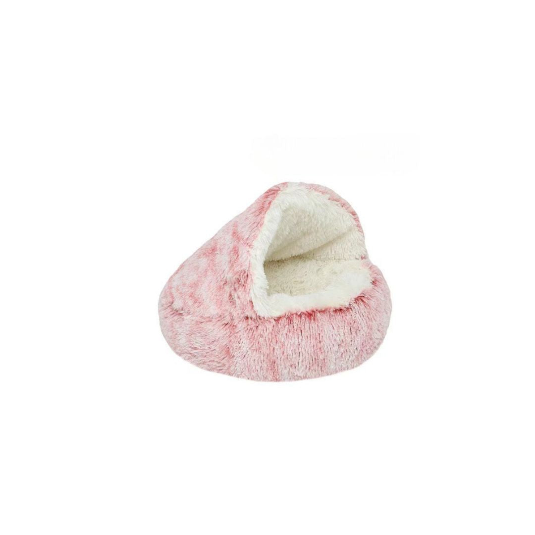 Round plush cat hideaway and cuddle cave, providing a secure and cozy space for cats and kittens to relax.
