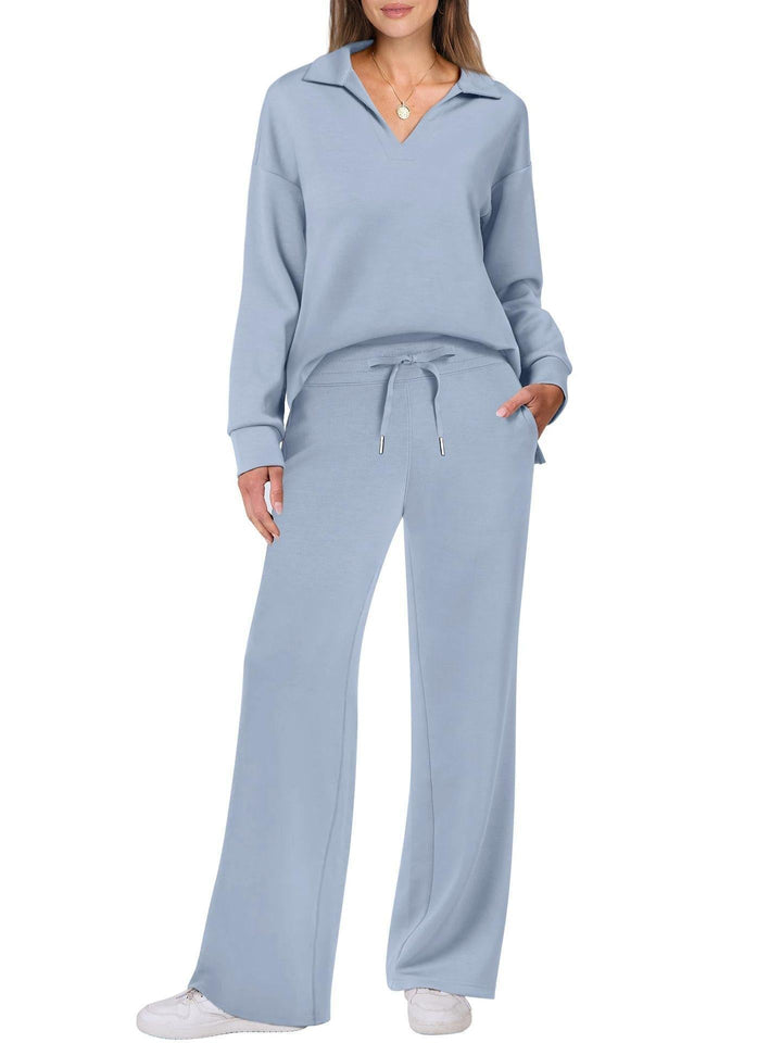Relaxed fit women's two-piece V-neck long sleeve loungewear set with fashionable wide leg trousers.