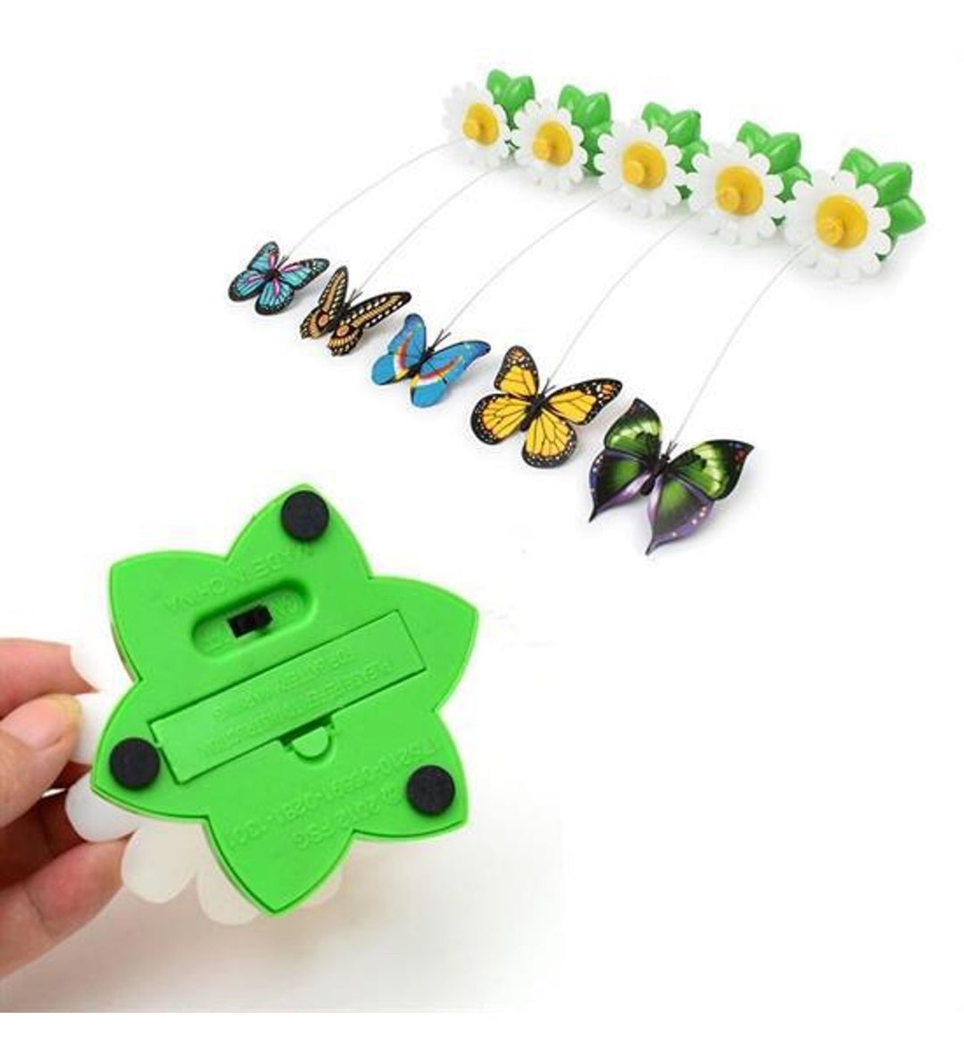 Dynamic butterfly cat toy on a base, designed for engaging indoor playtime and entertainment for active cats.