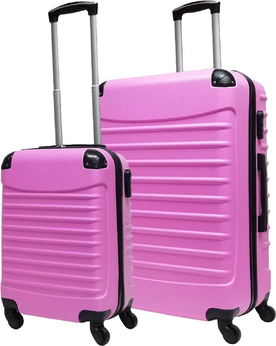 Women's 2-piece pink hard shell suitcase set, wheeled for easy travel and includes a carry-on.
