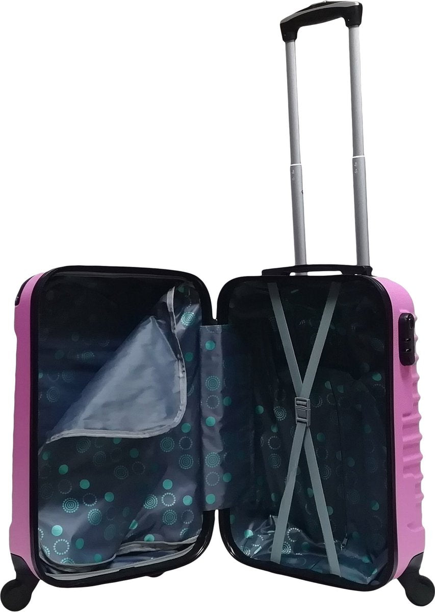 Pink 2-piece hard shell women's luggage set, featuring a carry-on and larger wheeled suitcase.