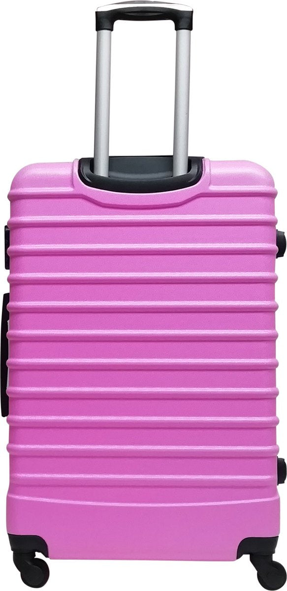 Complete pink hard shell 2-piece women's luggage set, with spinner wheels for effortless travel.
