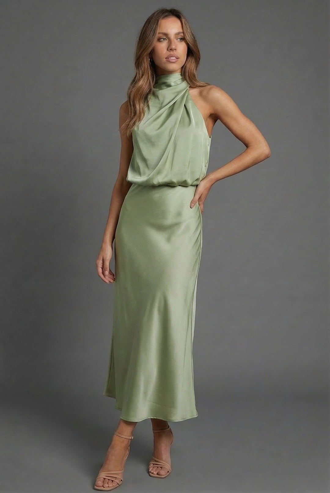 Feminine halter neck summer midi dress, elegant and perfect for a wedding guest.