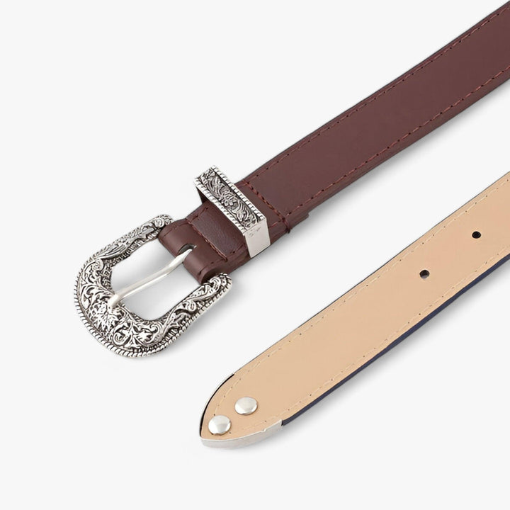 Black vintage western leather belt for women, durable and stylish. Perfect everyday fashion accessory.