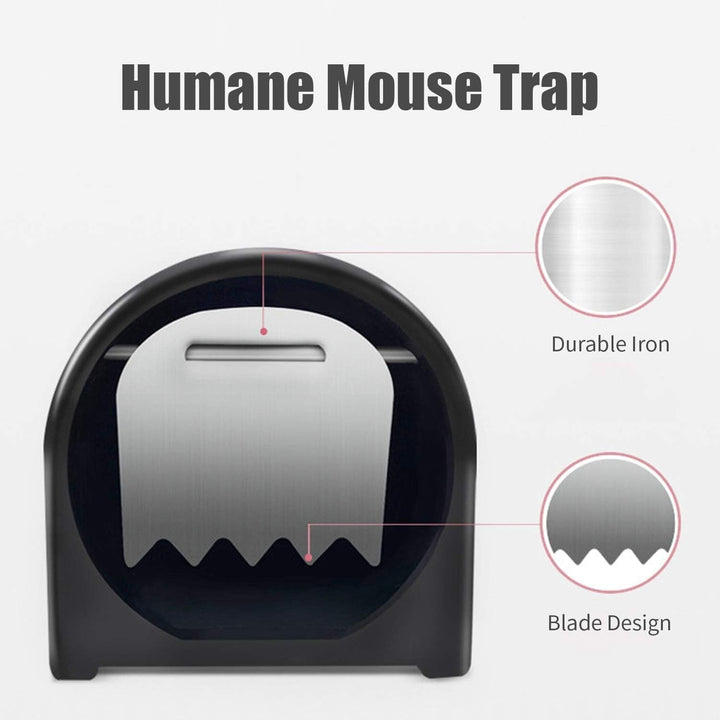 "Plastic rat trap cage with bionic design, sleek black finish, humane no-kill, efficient pest control, easy to use and clean.